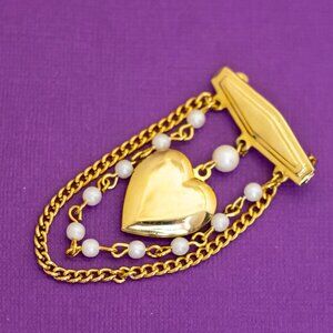 Vintage Gold Tone Heart Pendant White Faux Pearls Chained Locket Brooch - Q34